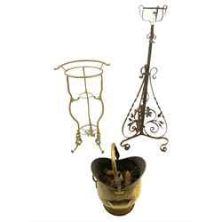 19th century hammered brass coal scuttle, early 20th century wrought metal standard lamp and a late 20th century gilt metal washing stand 
