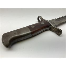 Swiss Schmidt-Rubin M1914 pioneer bayonet, with 48cm steel saw-back blade, the ricasso stamped, ''Waffenfabrik, Neuhausen'', the crosspiece stamped Swiss cross, steel scabbard, leather frog L64cm overall