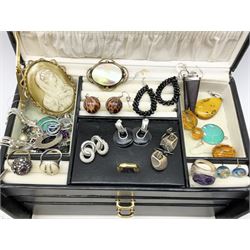 Collection of vintage and later silver and costume jewellery including amber style necklace, rings, bead necklaces and bangles