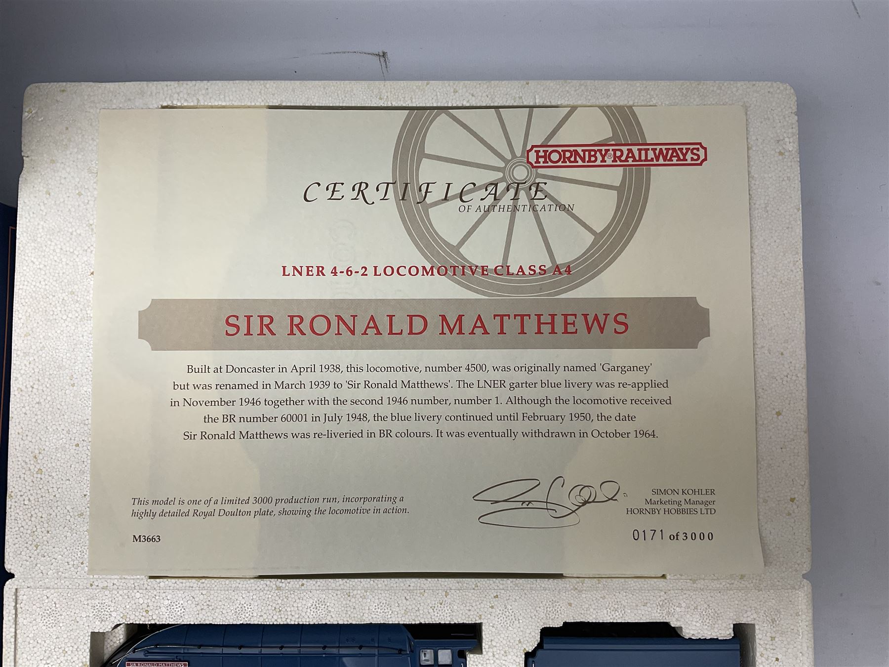 Hornby Railways '00' gauge - 'Time For A Change' 50th Anniversary Collection Limited Edition ceramic plate and locomotive set, No. R649, containing A4 4-6-2 locomotive 'Sir Ronald Matthews' No. 1, L.N.E.R blue livery and a Royal Doulton plate with an image of the same locomotive, limited edition No.171/3000; boxed with certificate in transport packaging.