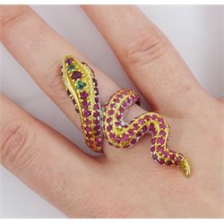 Silver ruby set snake ring, stamped 925