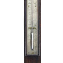 Victorian mahogany mercury stick barometer, the arched glazed register with weather indications and adjustable vernier, above a glazed thermometer and circular cistern cover, H 95cm