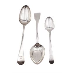 George III silver Old English pattern table spoon, with engraved crest to terminal, hallmarked London 1795, maker's mark RC, probably Richard Crossley, together with a George III silver Fiddle pattern table spoon, hallmarked William Eley I, William Fearn & William Chawner, London 1808 and a George III silver Old English pattern spoon, engraved with monogram, hallmarked John Lambe, London 1786, approximate total weight 5.32 ozt (165.6 grams)