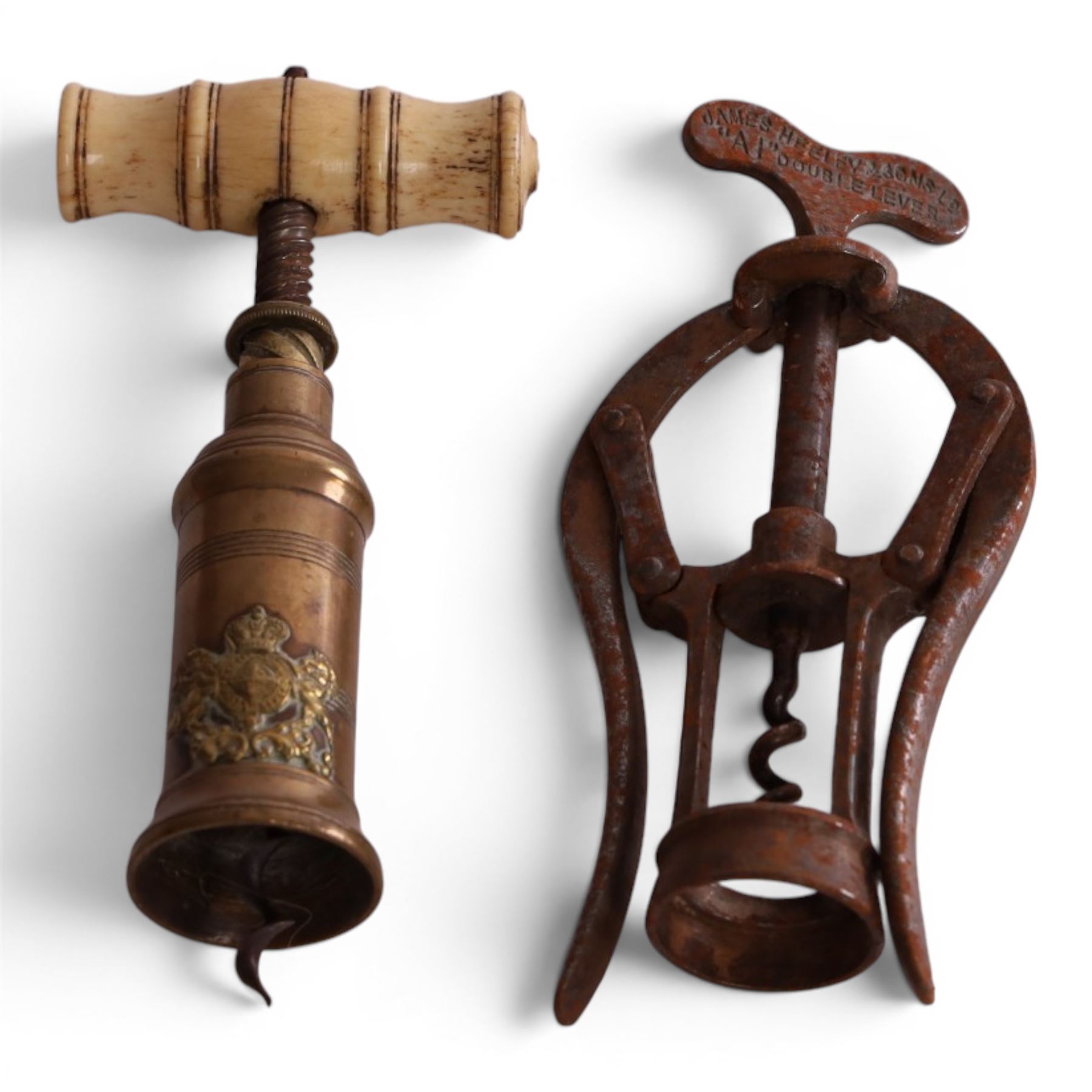 19th Century Thomason action twin helix design brass corkscrew with bone handle, together with James Heeley & Sons A1 Patent double lever corkscrew