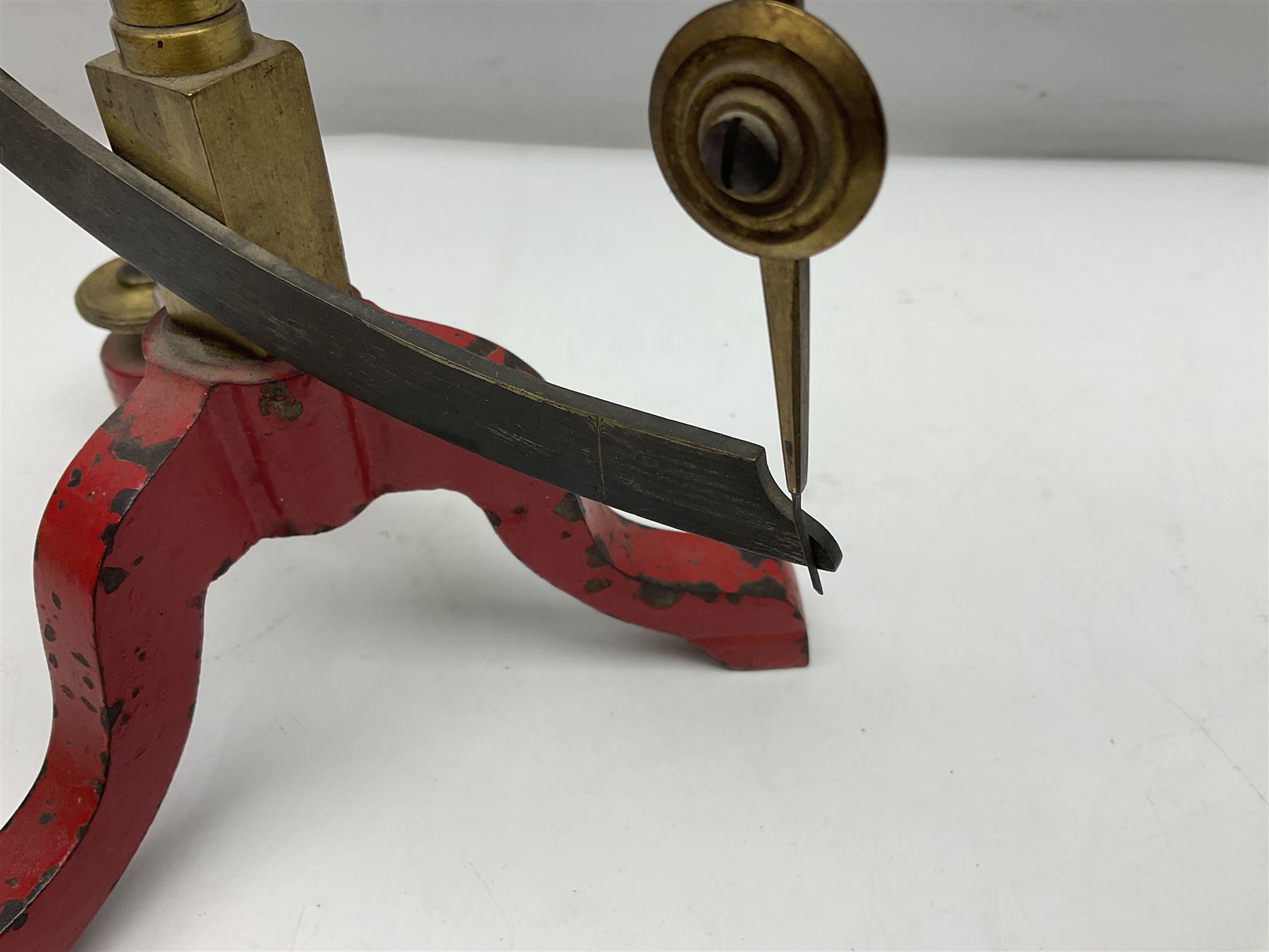 Victorian brass yarn scale by Goodbrand & Co, Manchester on cast iron tri-form base, H56cm