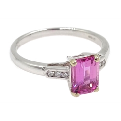  18ct white gold emerald cut pink sapphire ring, with diamond set shoulders, sapphire approx 1.1 carat  