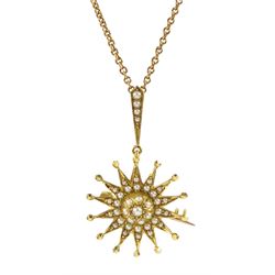 Edwardian 15ct gold seed pearl pendant/brooch, on 9ct gold chain necklace
