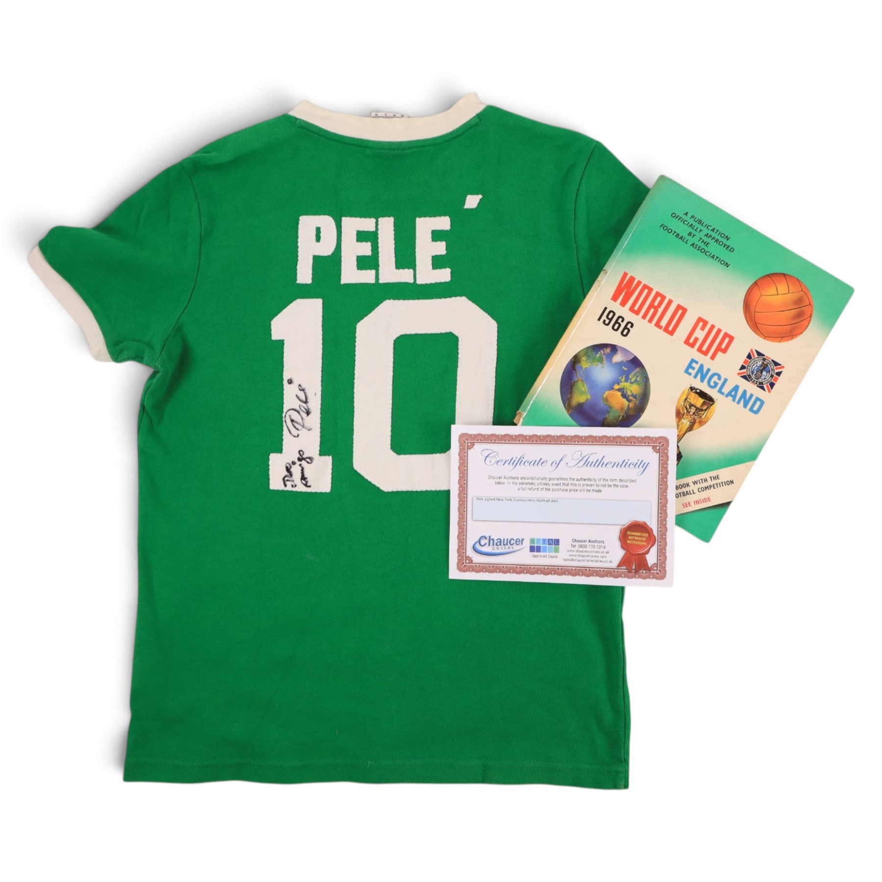 New York Cosmos football shirt signed by Pele, with stitched no. 10 and 'PELE' to reverse, with certificate of authenticity from Chaucer Auctions