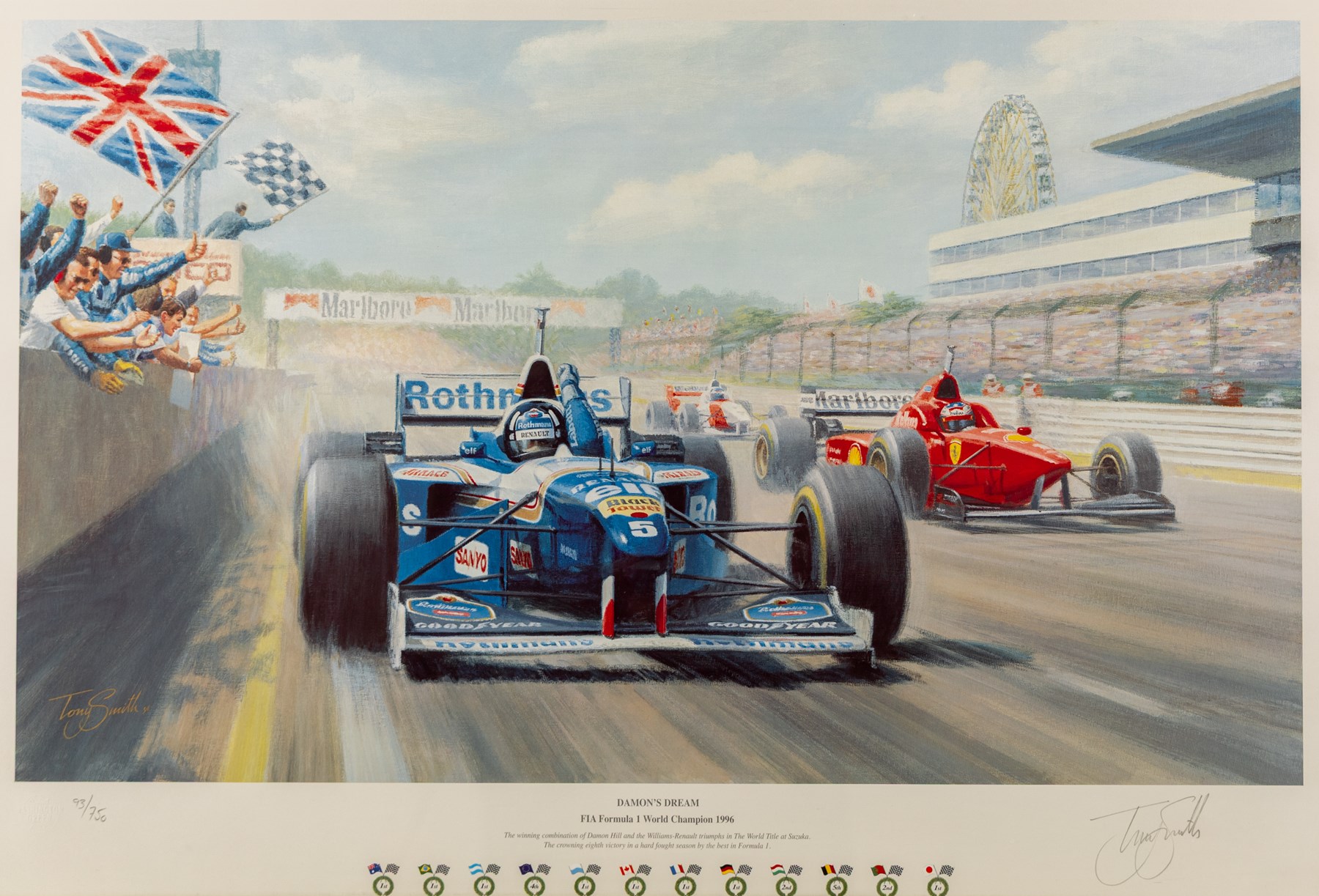 After Gerald Davison Coulson (British 1926-2012): ‘The Flying Scotsman’ and ‘Damon’s First – Hungary 1993’, together with Alan Fearnley (Yorkshire 1942-): ‘Alan Jones’ and Tony Smith (British 20th Century): ‘Damon’s Dream’, set of four limited edition Formula 1 themed prints signed and two signed by drivers David Coulthard and Alan Jones in pencil max 40cm x 61cm (4)
