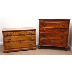  Victorian mahogany chest, four graduating drawers, turned supports (W112cm, H118cm, D48cm) and an Edwardian walnut chest, three small and two long drawers, plinth base (W119cm, H81cm, D51cm) and an Edwardian oak raised mirror back sideboard, two drawers, two cupboards (W122cm, H152cm, D48cm) (3)  