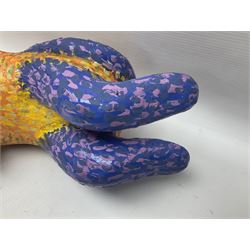 Helen Skelton (British 1933 – 2023): Two carved wooden abstract sculptures, one modelled as a dog, the other modelled as a bear, both with painted stippled decoration, largest H20cm. Born into an RAF family in 1933 in Kent and travelled the world extensively during her childhood. After settling in Bridlington, Helen immersed herself in painting, textiles, and wood sculpture, often inspired by nature's beauty. Her talent was showcased in a one-woman show at Sewerby Hall and recognised with the sculpture prize at Ferens Art Gallery in 2000. Sadly, Helen’s daughter passed away from cancer in 2005. This loss inspired Helen to donate her sculptures to Marie Curie upon her passing in 2023.