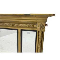 19th century gilt framed overmantel mirror with inverted breakfront cornice over three mirror panels framed by ornate columns