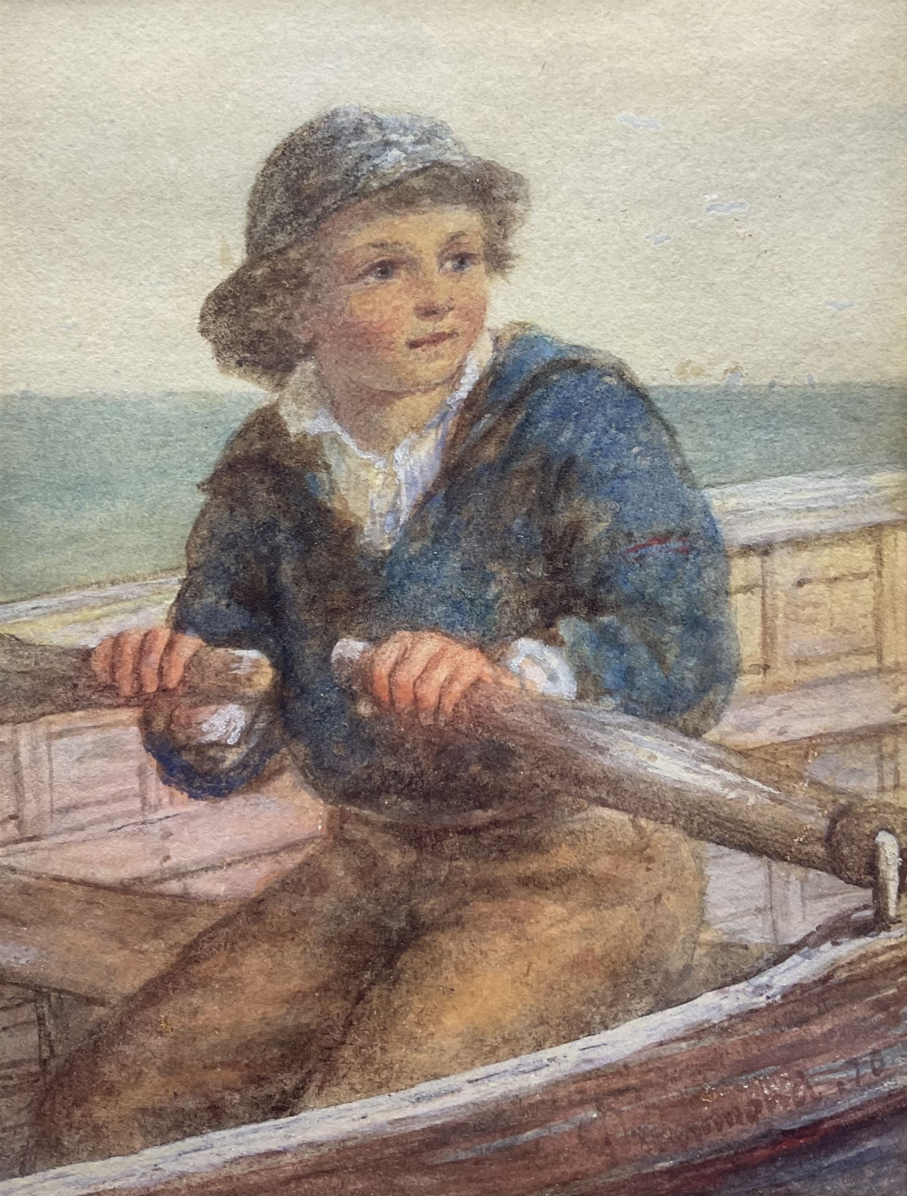 James Drummond (British 1816-1877): 'Young Boy in Rowing Boat', watercolour signed and dated '70, titled verso 15cm x 12cm