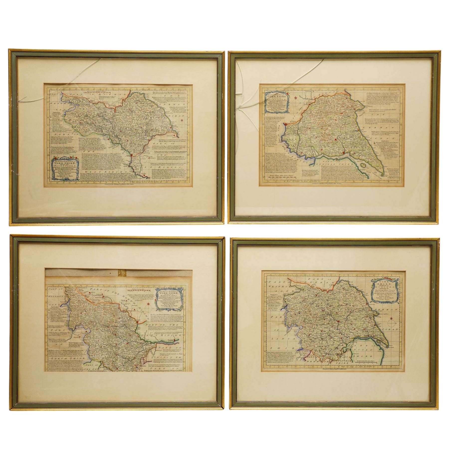 Emanuel Bowen (British 1694-1767): 'Yorkshire Divided into its Ridings' 'North Riding of Yorkshire' 'West Riding of Yorkshire' and 'East Riding of Yorkshire', set of four 18th century engraved maps with hand-colouring pub. Thomas Kitchin c.1750, 24cm x 34cm (4)