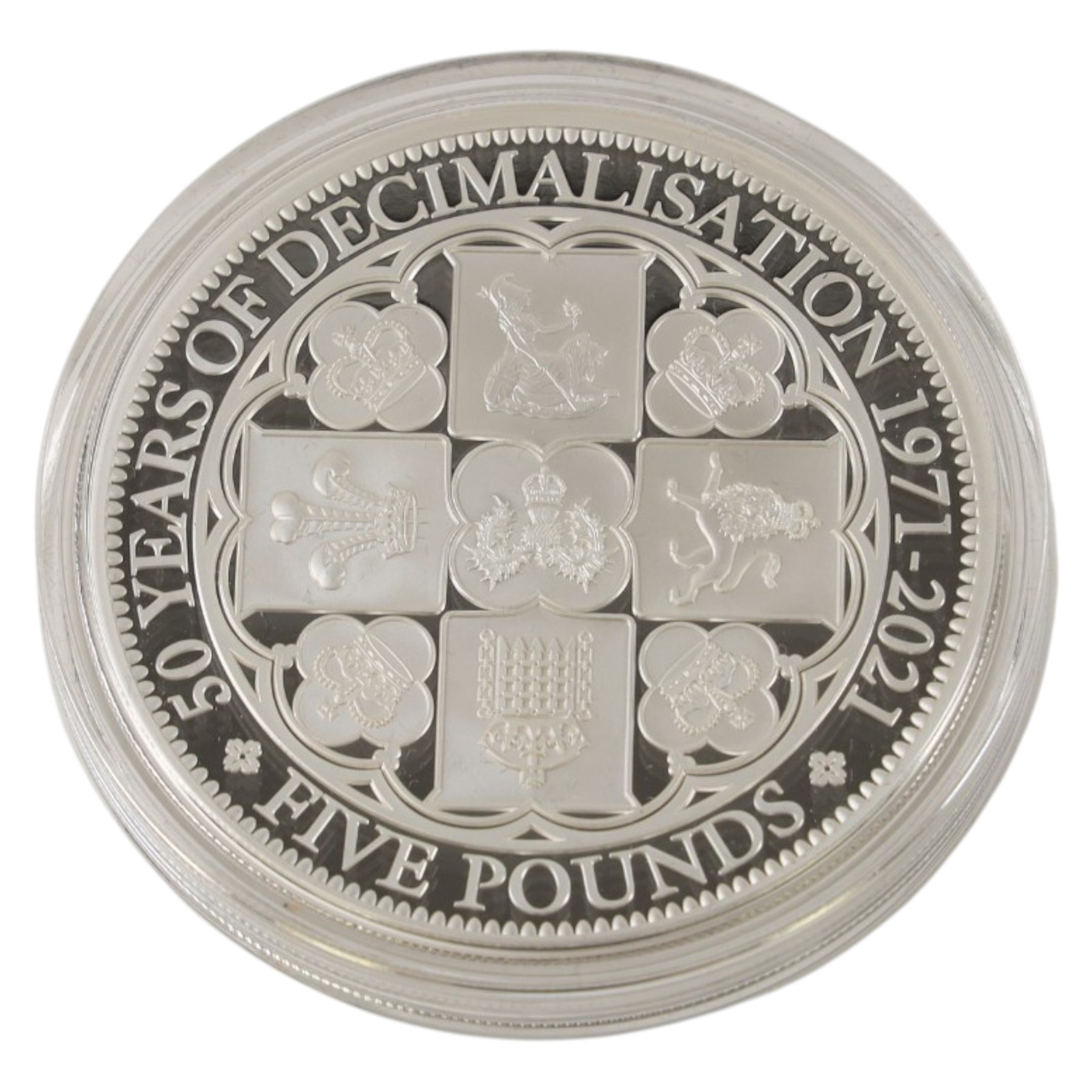 Queen Elizabeth II Tristan da Cunha 2021 '50th Anniversary of Decimalisation' five ounce silver proof twenty-five pound coin, issued by the Jubilee Mint, cased with certificate