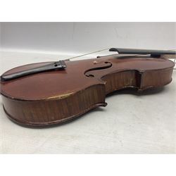 Late 19th century French seven-eighths size violin for restoration and completion with 34.5cm two-piece maple back and ribs and spruce top, bears label 'Lutherie Moderne Leon Poirson Luthier No.24 1899'  L57cm overall