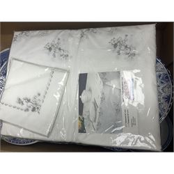 Set of metal weighing scales, pair of Chinese style ceramic table lamps, blue and white ceramics, oriental ceramics and a collection of other glassware, metal ware and collectables, in five boxes 