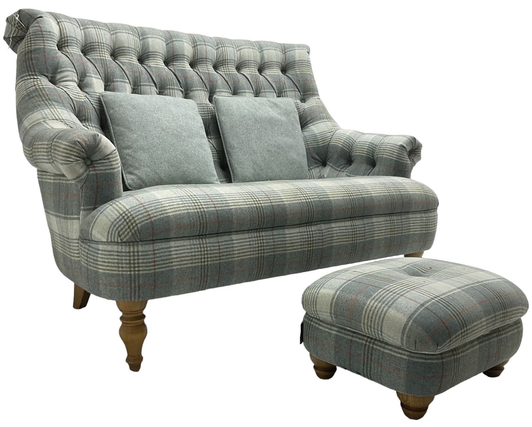 Wood Bros Furniture - 'Pickering Compact Two Seater Sofa', high rolled back, upholstered in buttoned 'Abraham Moon Huntingtower Celestial Fabric' in blue tartan, raised on turned oak feet, with matching footstool