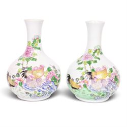 Pair of Chinese famille rose vases, of tianqiuping form decorated with cockerels amongst p...