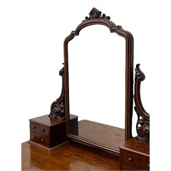Victorian figured mahogany two-piece bedroom set - the washstand with white and black marble moulded top with arched back and raised shelf, two moulded frieze drawers, on turned and fluted supports with brass and ceramic castors (W123cm, D60cm, H102cm); the dressing table with raised swing mirror in moulded frame with shell and scroll carved pediment, on scrolled horns carved with foliage, four raised trinket drawers over moulded rectangular top, fitted with two drawers, on turned and fluted supports with brass and ceramic castors (W122cm, H177cm, D62cm)