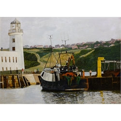 Tom S Hoy (British 20th century): Trawler Moored by Scarborough Lighthouse, acrylic on board signed 43cm x 59cm