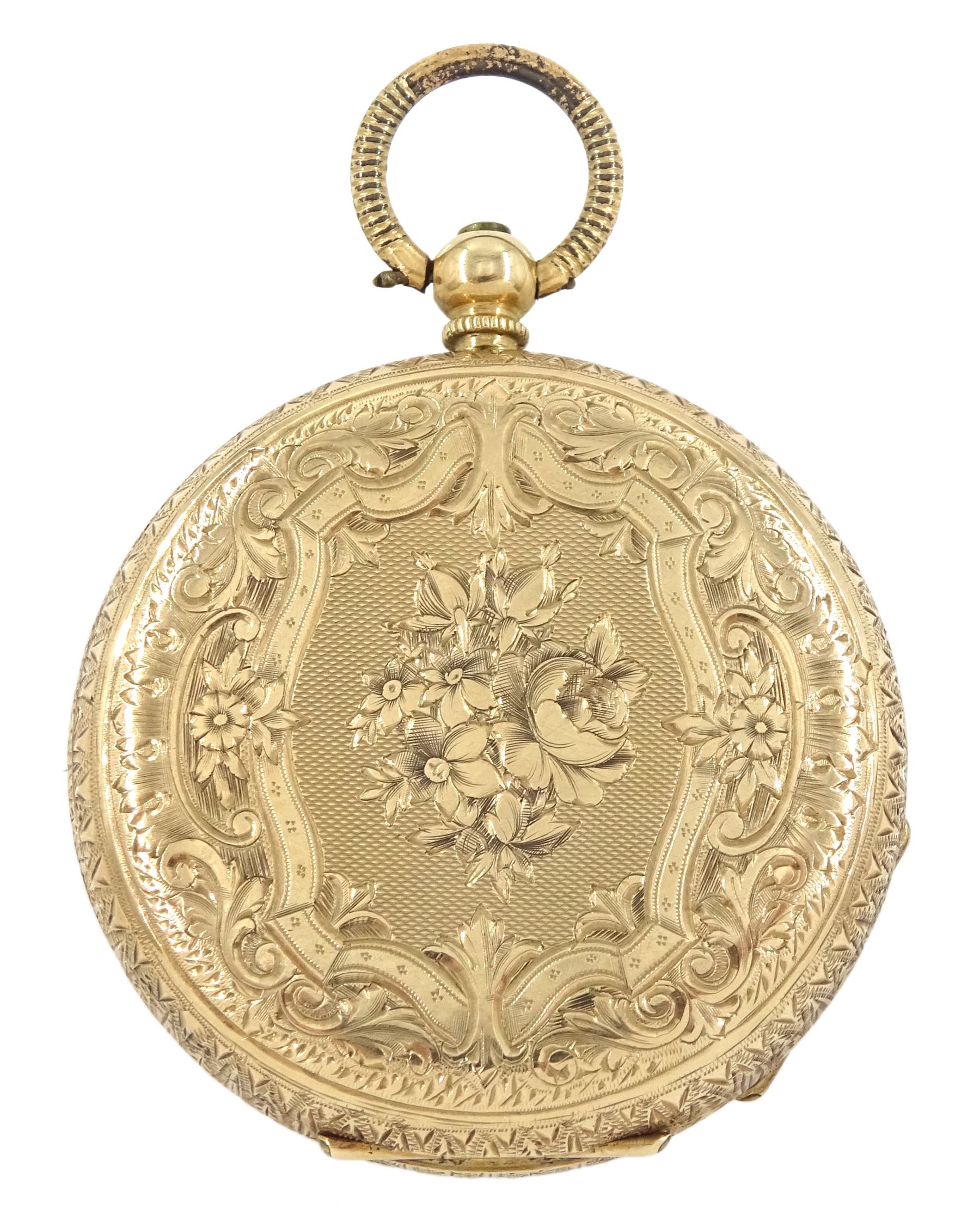 Early 20th century 14ct gold cylinder pocket watch, gilt dial with Roman numerals, engraved back case with foliate decoration, stamped 14K 