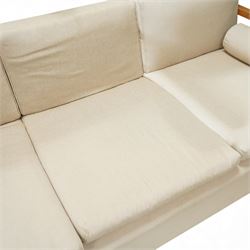 Mid 20th century German Art Deco oak framed divan day bed, rectangular form with slatted side supports, upholstered in cream linen with three removable back cushions, three seat cushions and cylindrical bolster arms, on block feet