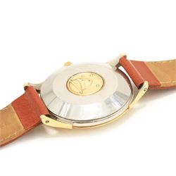 Omega Constellation gentleman's gold capped and stainless steel bumper automatic chronometer wristwatch, Cal. 354, champagne dial with dart hour markers, on brown leather strap, boxed with papers dated 1955