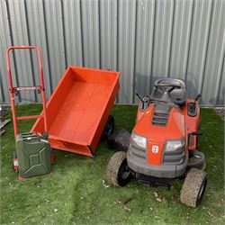 Husqvarna TS138 petrol garden tractor with Husqvarna T275 trailer with metal fuel canister and sack barrow - THIS LOT IS TO BE COLLECTED BY APPOINTMENT FROM DUGGLEBY STORAGE, GREAT HILL, EASTFIELD, SCARBOROUGH, YO11 3TX