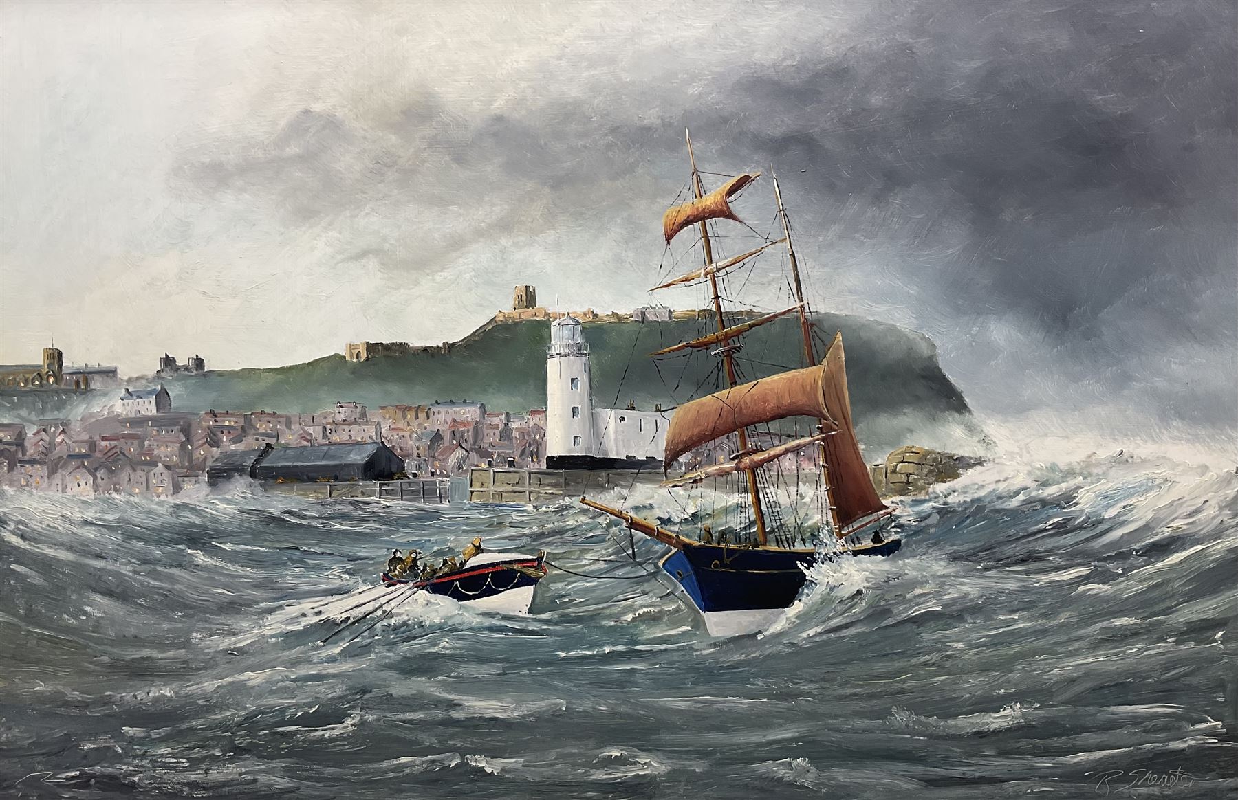 Robert Sheader (British 20th century): Leaving Scarborough Harbour under Stormy Skies, oil on board signed 49cm x 75cm 