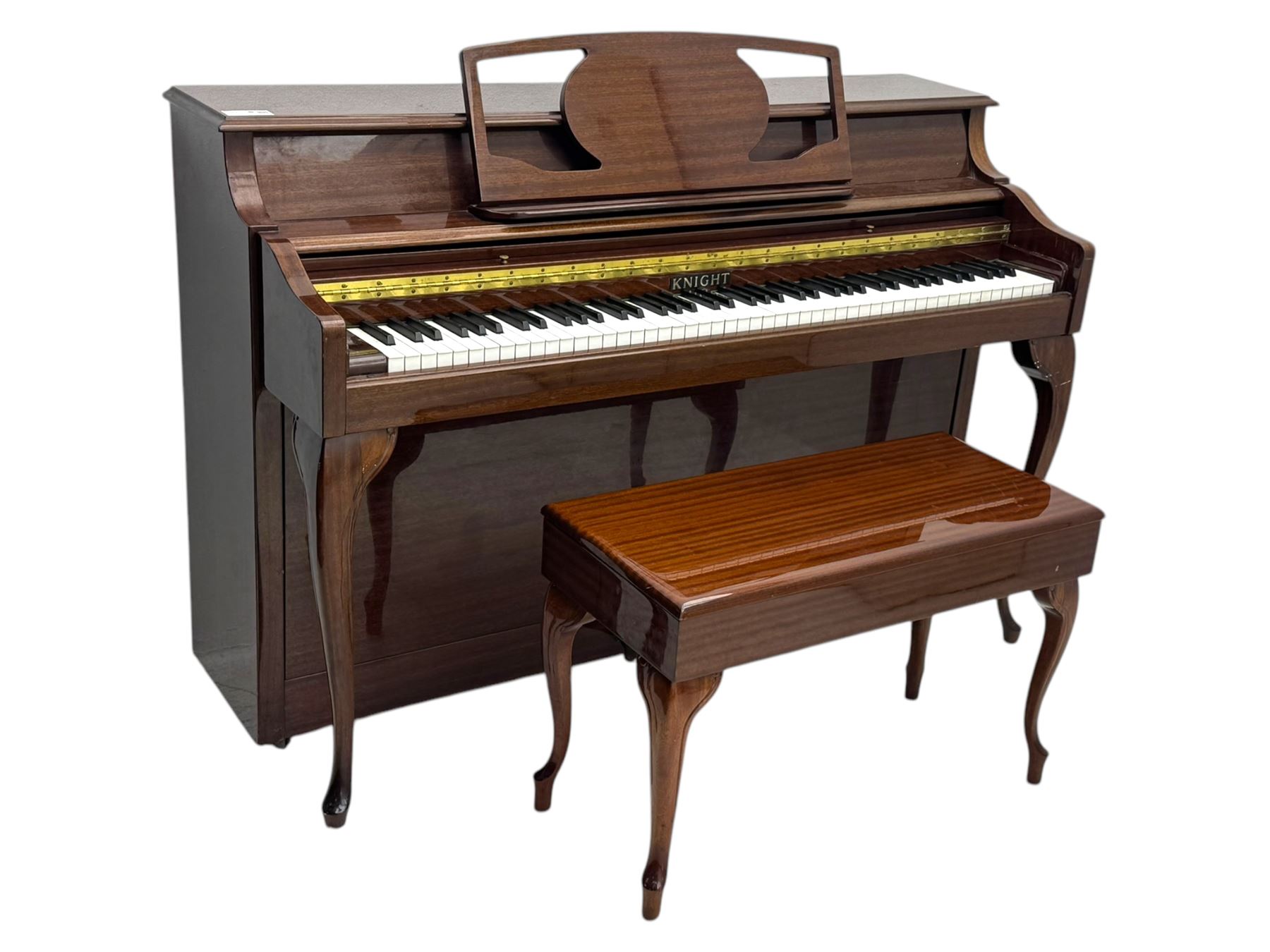 Knight - upright piano in mahogany gloss lacquered case, with stool,  rectangular slide back fall front enclosing full keyboard, with twin brass pedals, cabriole legs 