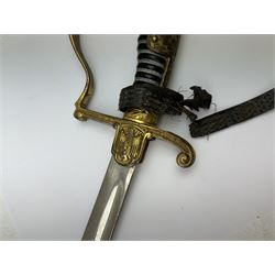 German infantry dress sword, dove head stirrup handle with black wire-bound grip cast cross guard with German eagle set into the langet, the curved 81cm single edge blade with single fuller marked Elckhorn Solingen, L93cm overall