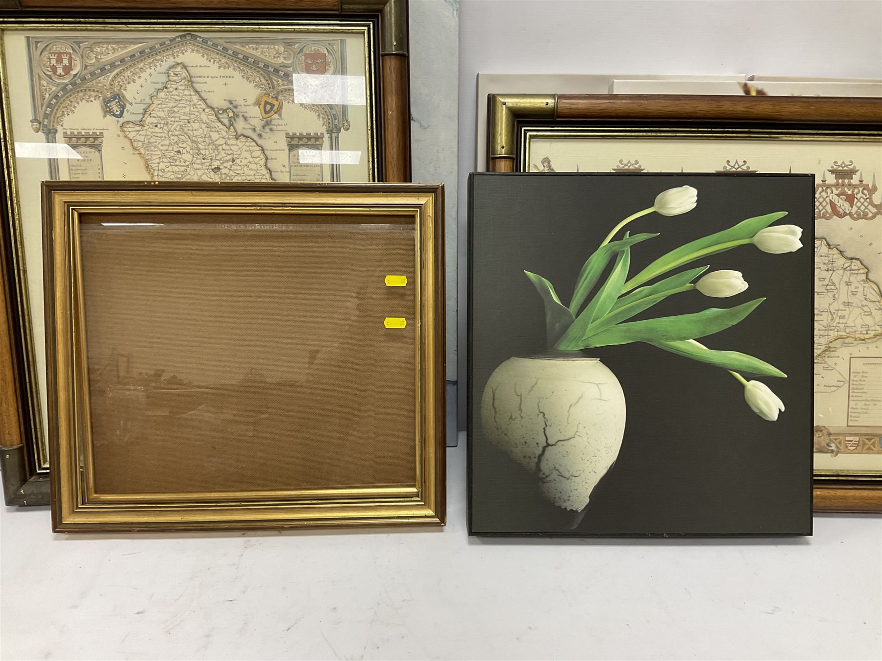 Andrew Gilmour; 'Ribblehead to Hawes' and 'Hag Dyke', three framed maps, together with three canvas flower prints, etc