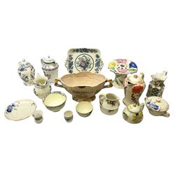 Group of ceramics to include Art Deco examples, Arthur Wood twin handled vase decorated in the Garden Wall pattern, Art Deco style Coalport twin handled lidded sucrier and saucer, Mason's Applique jug (scratch through mark), Royal Doulton Minden bowl and jug, Copeland Spode Royal Jasmine jug, Crown Devon, etc