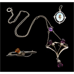  Charles Horner silver and purple glass thistle pendant necklace,  Chester 1909, silver and enamel rose pendant by the same hand and a silver orange glass thistle brooch makers mark JCL  