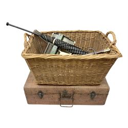 Twin handled wicker basket, together with similar suitcase, umbrella, candlestick etc