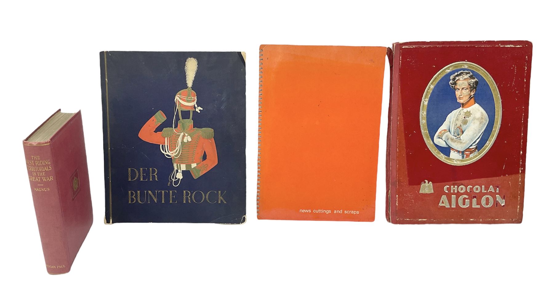 Magnus Laurie: The West Riding Territorials in the Great War. 1920: German Haus Neuerburg cigarette card album entitled Der Bunte Rock depicting 19th century military uniforms; French Chocolat Aiglon trade card album including some military costumes; and a cigarette card album, some of military interest (4)