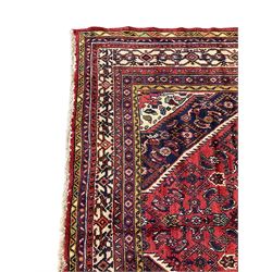 North West Persian Hamadan carpet, the extended lozenge field decorated with Herati motifs, central lozenge medallion, multiple border bands decorated with geometric designs 