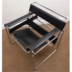 After Marcel Breuer - late 20th century 'Wassily' design armchair, polished tubular metal frame with black leather seat back and arms    