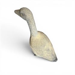 Large cast stone garden statue modelled as a standing goose on a naturalistic base