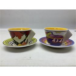 Wedgwood limited edition Clarice Cliff Design Taking Tea collection, comprising eight cups and saucers Honolulu, Apples, Gibraltar, Lilac Crocus, Trees and House, Coral Firs, Devon, and Sunray, with certificates of authenticity 