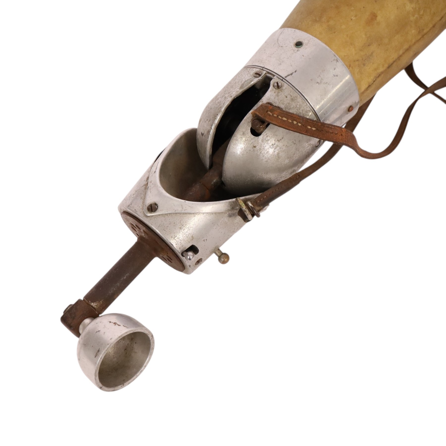 1940's prosthetic arm, possibly British, made from leather and polished aluminium, with canvas and leather straps  L47cm