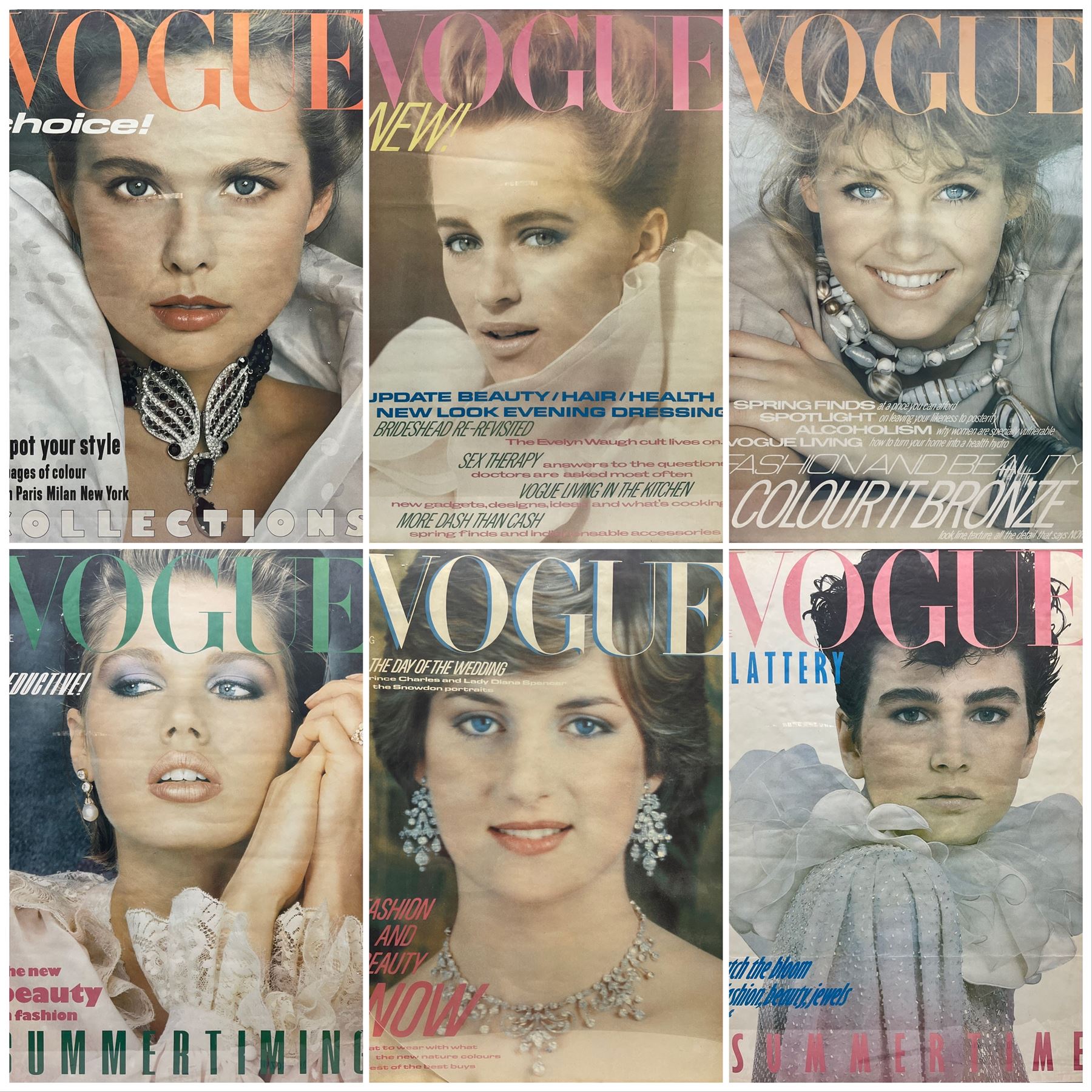 Vintage British Vogue Magazine Cover Posters from Feb, April & August 1981, June 1982, March & June 1983, with cover shots of Lisa Ryall, Susan Hess, Lady Diana Spencer, Jerri Narr, Nancy DeWeir and Beth Rupert,  67cm x 48cm (6)