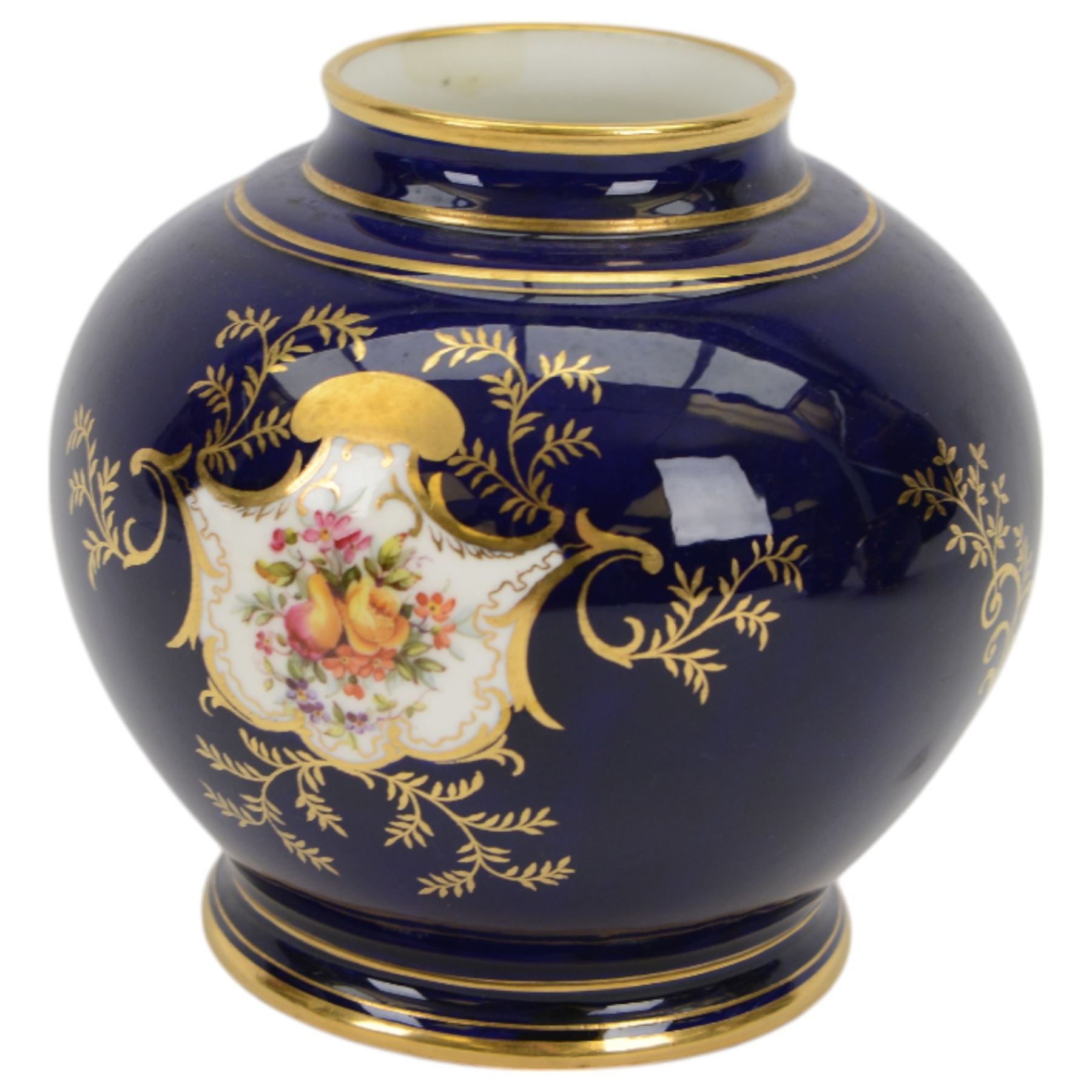 Pair of early 20th century Coalport vases, each of squat bulbous form, decorated with hand painted reserves of landscapes against a blue ground heightened with gilt, with printed marks beneath and numbered V5146 in gilt, H13cm, and a similar smaller example painted with a reserve of an exotic bird, numbered 5146, H11cm