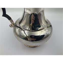 1920s five-piece silver tea service, comprising teapot, coffee pot, hot water pot, twin handled open sucrier and milk jug, each of squat circular form with shaped rim, the teapot, coffee pot and hot water pot each with ebonised handle and finial, the sucrier and milk jug with acanthus capped scroll handles, all upon circular foot, hallmarked R F Mosley & Co, Sheffield 1926 & 1927, tallest H24cm