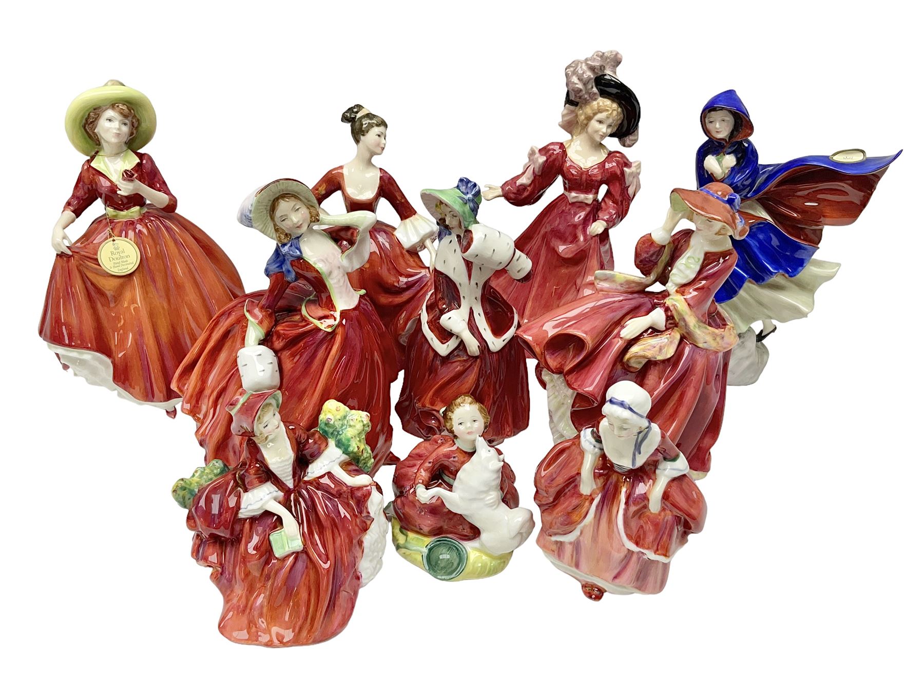 Ten Royal Doulton figures, to include Lydia HN1908, Goody Two Shoes HN2037, May HN2746, A Single red Rose HN3376, etc, nine with original boxes 