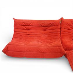 Michel Ducaroy (1925-2009) for Ligne Roset - contemporary ‘Togo’ sectional complete corner sofa upholstered in Alcantara Goya Red, comprising small settee (H 78cm, W 123cm, D 90cm), corner seat (H 78cm, W 90cm, D 90cm) and large settee (H 78cm, W 175cm, D 90cm)