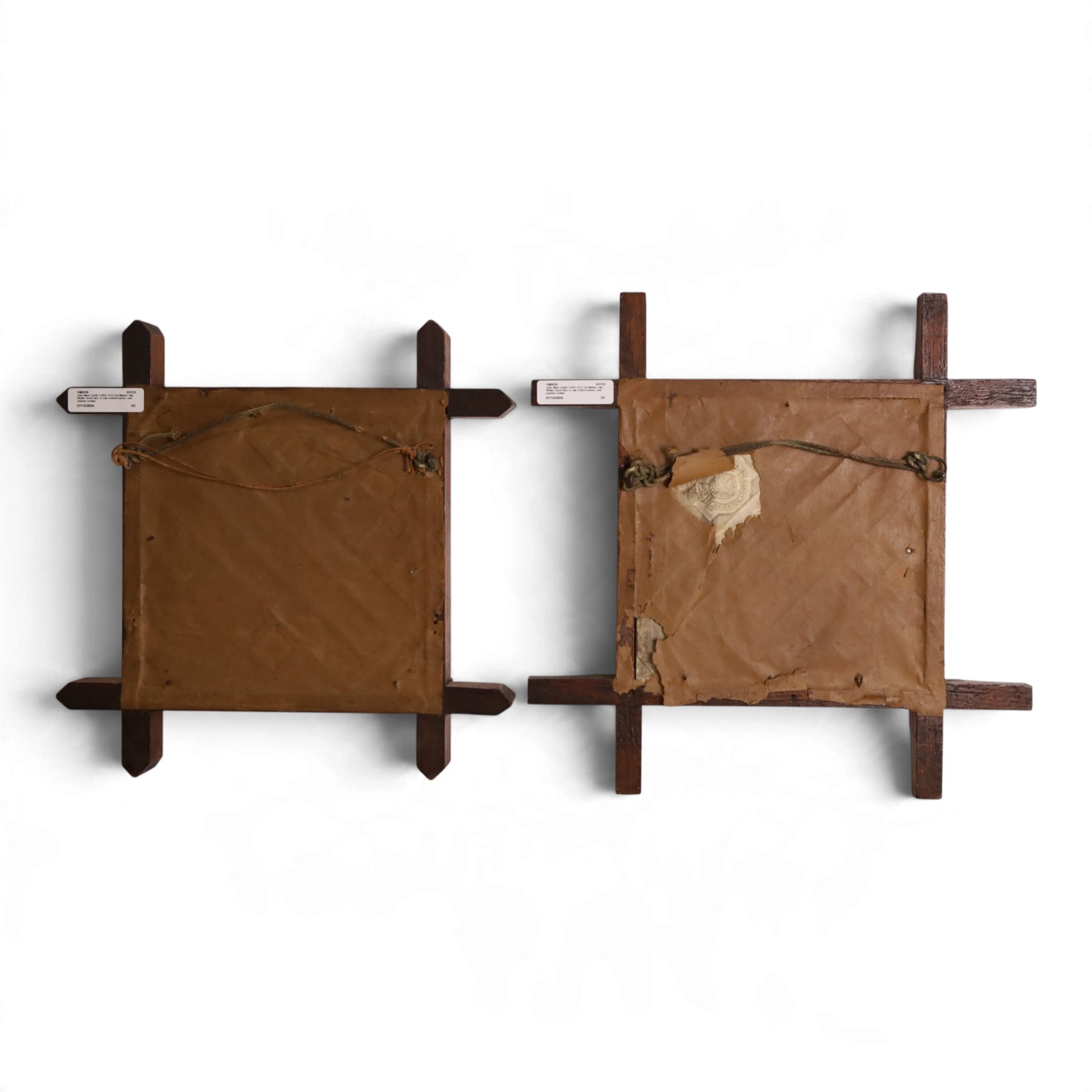 John Moyr Smith (1839-1912) for Minton: Two Aesthetic Movement, decorated with scenes from a Walter Scott Waverley novel, Kenilworth and Quentin Durward, in oak Oxford frames, together with another similar 