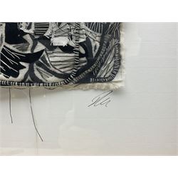 Ros Johnson (Yorkshire Contemporary): Abstract Lines, hand-stitched textile, signed to mount, textile approx. 37cm x 26cm 