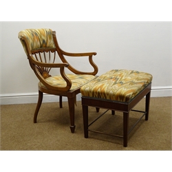  Edwardian inlaid armchair with shaped splat, upholstered cresting rail and seat, square tapering supports, spade feet (W57cm) and a matching stool (2)  